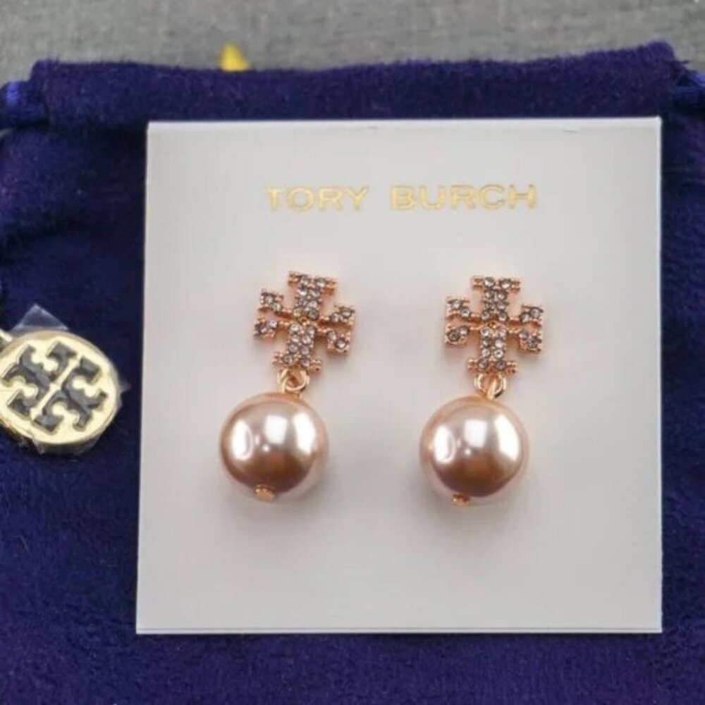 Tory Burch Kira Pavé Pearl Drop Earrings Rose Gold